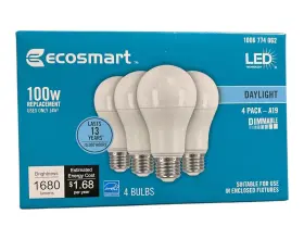 Ecosmart 11a19100wesd003 Led Light Bulb Daylight Dimmable A19 100w 4-pack