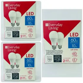 Everyday 041226376982 Lot Of 3 Living 2 Led A19 Bulbs 60w Replacement 10w 760 Lumens New