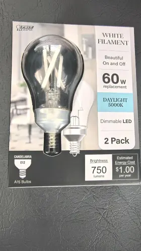 Feit Electric 017801160161 2-pk Candelabra E12 Light Bulbs. Dimmable Led. White Filament. New