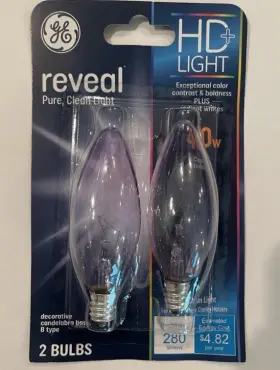 Ge 48714 Reveal Hd 60w Candelabra Light Bulbs 2 Pack B-type Dimmable