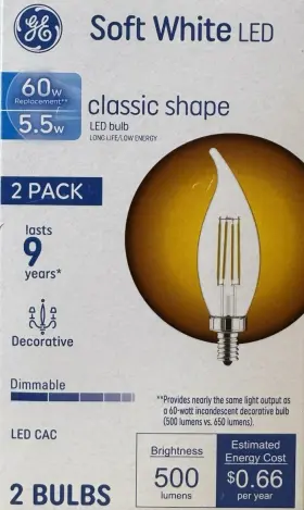 54953 GE Flame Tip Cac Leds Candelabra Base