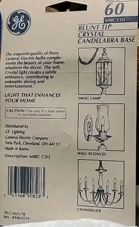 60-BC-C2 GE Light Bulbs Crystal Chandelier Base #3