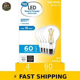 Great Value 194346159062 18yr A19 Led Light Bulb 7w Dimmable Soft White 4 Pack