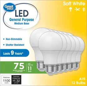 93132195 GREAT VALUE Led Light Bulbs Watts Eqv Base Pack