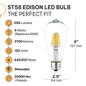 ST58-LED-2700K-6 HUDSON BULB CO Edison Light Bulbs Pack Base #2