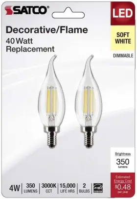Satco S21841 Filament Led Light Bulb Ca10 E12 40w Soft White 2-pk - Satco S21841 Filament Led Light Bulb Ca10 E12 40w Soft White 2-pk -