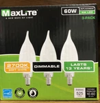 Maxlite 5w Led (60w Replacement) E12 Base Candelabra 3 Pack Dimmable Nib. Fixed Price $9.99.