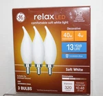 Ge Relax 40w Equiv Led 4w Bulbs Cac Candelabra Base Soft White Dimmable 3-pack. Fixed Price $6.95.