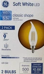 2 Ge 60-watt Clear Soft White Flame Tip Cac Leds W/candelabra Base. Fixed Price $15.99.