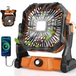 Rechargeable Orange Electric Fan With Power Bank Led Lights Adjustable Speed. Fixed Price $36.99.