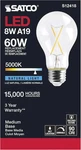 Satco S12418 - 8 Watt Led A19 Clear Bulb 5000k 120 Volt (6 Pack) 60w Natural. Fixed Price $28.99.