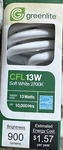 1 -10 Greenlite 13 Watt = 60 Fluorescent Lightbulb 10,000 Hour Spiral Bulbs. Fixed Price $12.00.
