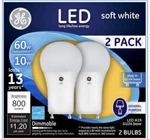 Ge Led Soft White Bulb, A19, 800 Lumens, 10-watt, 2-pk Gu24 Base. Fixed Price $12.00.