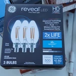 Ge Reveal Led Candle Candelabra Base Dimmable Clear Warm White 500 Lumens 3 Pack. Fixed Price $2.00.