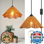 Tebio Rattan Plug-in Pendant Light, 13ft Black Hemp Cord, Boho Chandelier, Led B. Fixed Price $62.62.