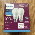 Philips 100w Equivalent Daylight A19 Uses 13.5w Led Light Bulb (2-pack). Fixed Price $19.95.