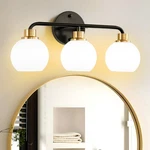 3 Light Bathroom Vanity Light, Black And Gold Fixtures With Milk. Fixed Price $74.70.