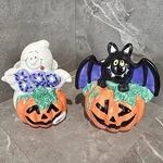 2 Vintage Bloom-rite Halloween Ceramic Planter Bat Ghost Jack O' Lantern Vguc. Fixed Price $10.87.