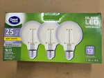 Great Value Led Light Bulb G25 25w Eqv. Softwhite, E26 Base, 3 Pack. Fixed Price $10.00.
