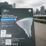 Ge Cync Smart Outdoor Floodlight Led Bulb, Dimmable, Full Color, Par38, 10 Watt. Fixed Price $19.99.