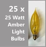 25-pk 25b10 25w 120v Bent Tip Amber Candelabra E12 Light Bulb Decor Abco. Fixed Price $19.95.
