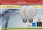 Sunbeam Led G25 Vanity Bulbs 3.8 Watt (40 W) Warm White Energy Saving 2-pack New. Fixed Price $5.40.