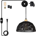 Cinkeda Rattan Plug-in Pendant Light, 15ft Cord, Stepless Dimmer, E26 Bulb. Fixed Price $80.86.