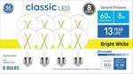Ge Classic Led 60-watt Dimmable Soft White A19 Glass Light Bulbs 800lm 8-pack. Fixed Price $15.95.