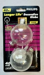 2 Pack Philips 40 Watt Longer Life Decorative Clear Light Bulbs New Unopened Pkg. Fixed Price $10.00.