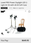 Lowel Pro Power Daylight Led Lights - 2-light Kit W/ Stands No Supplies. Fixed Price $100.00.