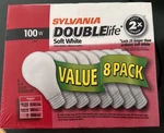 One Pack Of 8: Sylvania Double Life 100w Soft White Light Bulbs (sealed). Fixed Price $59.95.